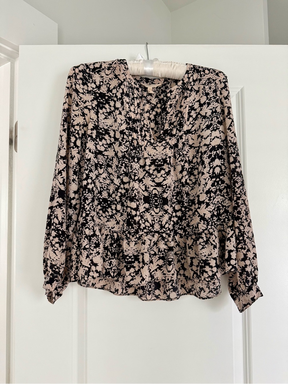Rebecca Taylor Black and Beige Floral Peplum Blouse